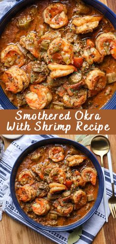 the finished dish with shrimp and tomato sauce in a blue skillet on a wooden table