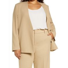 Vince Collarless Blazer - Collarless. - Long Sleeves - One-Button Closure - Back Vent - Lined - 55% Virgin Wool, 30% Viscose, 15% Polyester - Color: Straw - Plus Size 22 Measurements Laying Flat: - Shoulder To Shoulder: 19" - Bust: 26" - Length: 30.5" New With Tags (Marked Through As Shown). No Flaws. Classic Sheath Dress, Collarless Blazer, Business Casual Blazer, Navy Blue Linen, Cream Blazer, Colors Hair, Leather Blazer Jacket, Lightweight Blazer, Button Style