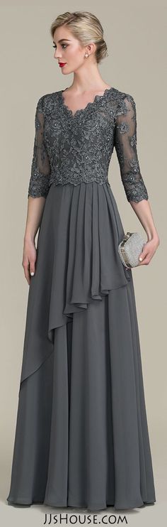 A-Line/Princess V-neck Floor-Length Chiffon Lace Mother of the Bride Dress With Beading Sequins Cascading Ruffles #JJsHouse Baju Kahwin, Bride Dress Lace, 파티 드레스, Cascading Ruffles, Mother Of The Groom Dresses, Mother Of Groom Dresses, Bride Groom Dress, Resort Dresses, Mob Dresses