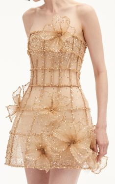 Crystal Grid Embroidered Cocktail Dress By Oscar De La Renta | Moda Operandi Crystal Lattice, Embroidered Cocktail Dress, Gold Tulle, Tulle Mini Dress, Pretty Party, Cocktail Parties, Embroidery Fashion, Luxury Dress, Crystal Grid