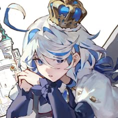 an anime character with blue hair and a crown on her head, standing in front of a castle