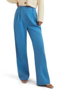 Carefully tucked pleats accent polished workday pants punctuated with elongating front seams and wide legs. 34" inseam; 22" leg opening; 13 1/2" front rise; 17 1/2" back rise (size 8) Zip fly with hook-and-bar closure Front slant pockets; back welt pockets 74% polyester, 22% rayon, 4% elastane Dry clean or machine wash, line dry Imported Blue Slacks, Favorite Daughter, French Blue, Pleated Pants, Wide Legs, Bottoms Pants, Welt Pockets, Womens Bottoms, Wide Leg