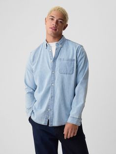 Soft denim knit.  Long sleeves.  Button-front collar.  Front patch pocket at chest.  Straight silhouette with a relaxed fit.  Hits at the hip.  Marco is 6�2/188cm with a 31�/79cm waist and 33�/84cm inseam wearing a regular Gap Mens Denim Shirt, Denim Western Shirt, Western Denim Shirt, Denim Shirt Men, Gap Men, Denim Pocket, Gap Denim, Pocket Shirt, Western Shirt