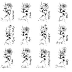 Realistic Birth Month Flower Design Personalised Custom Floral Name Tattoo Family Line Art Tattoo Birth Flower Minimalist Print Gift - Etsy Small Flower Tattoos With Names, Flowers Of The Month Tattoo, February And May Flower Tattoo, Birth Flower Tattoos Sleeve, Shoulder Birth Flower Tattoo, Birth Flower Bouquet Tattoo Ideas, May And October Flower Tattoo, Birth Flower Svg Free, Flower Tattoos Family