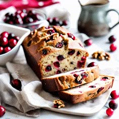 sliced loaf of cranberry bread with walnuts on the side and bowl of cherries in the background