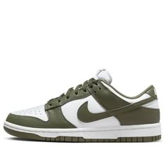 The Nike Women's Dunk Low 'Medium Olive' is the perfect blend of archival hoops style and contemporary design. Showcasing a classic two-tone color scheme, these comfortable sneakers feature a crisp white base with olive green overlays for added depth. The Nike Swoosh further accents the design in color-matched detail. Underpinned by a traditional rubber cupsole, the cushioning foam wedge provides superior comfort and impact protection, while the olive outsole ensures reliable traction when on the court. This updated version of the iconic Be True to Your School series from 1985 delivers timeless appeal with modern performance tech that make sure you stand out in style and comfort. (SNKR/Skate/Low Top/Women's/Non-Slip) Burgundy Sneakers, Dunk Lows, Low Dunks, Shoes To Buy, Good Color Combinations, Tenis Nike, Baskets Nike, Nike Brand, Sb Dunk