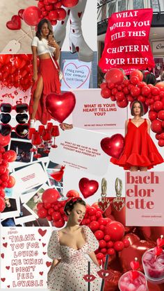 a collage of photos with red balloons and hearts in the air, including an advert