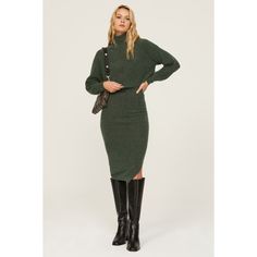 Green knit (45% Wool, 36% Nylon, 15% Alpaca, 4% Elastane). Sweater sheath. Long sleeves. Mock neck. Pull on. 48" from shoulder to hemline. Imported. Winter Knit Bodycon Midi Dress, Fall Bodycon Knit Midi Dress, Ribbed Winter Dress For Work, Chic Green Sweater Dress For Winter, Winter Stretch Midi Dress, Fall Bodycon Sheath Midi Dress, Fall Knee-length Knit Bodycon Dress, Winter Stretch Sheath Midi Dress, Fall Bodycon Knee-length Midi Dress