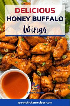 delicious honey buffalo wings with dipping sauce on the side