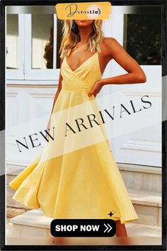 Pure Color Backless Midi Dress P14315 Casual V-neck Backless Dress For Day Out, Evening A-line Sundress For Summer, Summer V-neck Backless Dress For Day Out, Chic V-neck Sundress For Spring, Chic Evening Sundress For Summer, Yellow A-line Dress For Date Night, Spring V-neck Backless Dress, Summer Evening Dresses With Spaghetti Straps, Chic V-neck Backless Dress For Day Out