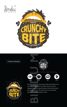 the logo for crunchy bite is shown in three different colors and font styles, including black