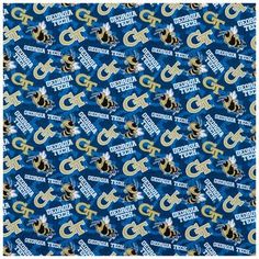 Width: 43" - 44" Color: Blue, Gold, Black & White Pattern: Stripes Weight: Lightweight Country Of Origin: Korea Content: 100% Cotton Flammability Note: Not For Sleepwear Care: Machine Wash, Cold Do Not Bleach Tumble Dry Low Use Cool Iron Channel your sporty side with a handmade creation! Georgia Tech Collegiate Cotton Fabric boasts a blue background with faded letters and black speckles, giving the fabric a visually pleasing appearance. It has images of the school mascot and the name of the scho Baking Art, Visually Pleasing, Themed Accessories, Black White Pattern, School Pride, School Mascot, Frame Crafts, Georgia Tech, Sports Theme