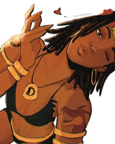 a drawing of a woman with dreadlocks holding her hand up in the air