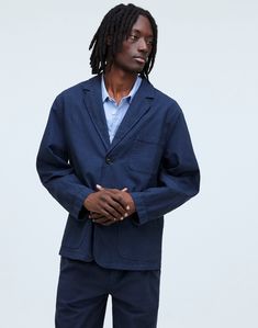 This three-button blazer is all about taking it easy with its cotton-hemp blended fabric, relaxed fit and workwear-style pockets. Pair it with the matching pleated trousers or casual shorts for a laid-back date night or an in-office party.Regular fit.Body length: 30 3/4".74% cotton/26% hemp.Do Well: By buying cotton products from Madewell, you're supporting our investment in Better Cotton's mission to help cotton communities survive and thrive while protecting and restoring the environment. This Classic Blazer With Relaxed Fit And Lapel Collar, Cotton Single-breasted Blazer With Notch Lapel, Cotton Sport Coat With Welt Pockets For Business, Relaxed Fit Blazer With Lapel Collar And Welt Pockets, Spring Cotton Sport Coat With Welt Pockets, Casual Notch Lapel Sport Coat For Spring, Classic Relaxed Fit Button-up Blazer, Cotton Blazer With Patch Pockets For Business, Relaxed Fit Cotton Blazer With Pockets