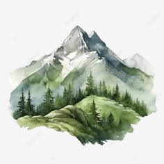 watercolor painting of mountains with trees and clouds on the top, mountain, illustration png