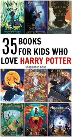 harry potter books for kids with the title overlaying them in red and black