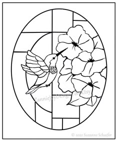 a stained glass window with flowers in the center and an image of a bird flying over it