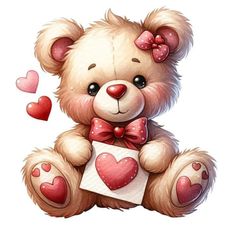 a cute teddy bear holding a card with hearts in it's paws and wearing a bow