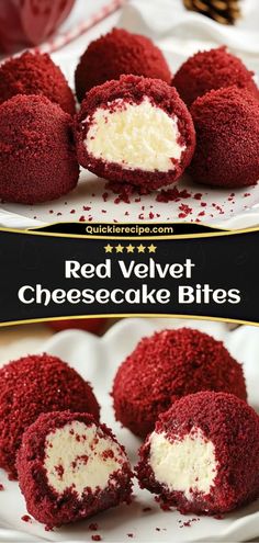 These Red Velvet Cheesecake Bites combine the flavors of red velvet cake and cheesecake in a bite-sized treat. Perfect for parties or as a festive holiday dessert! Ingredients: 1 box red velvet cake mix 8 oz cream cheese, softened 1/2 cup powdered sugar 1 cup white chocolate (for coating) A sweet, decadent bite of red velvet and creamy cheesecake heaven Newfoundland Dessert Recipes, Red Velvet Cheesecake Balls Recipe, Galantines Desserts, Red Velvet Cheesecake Truffles, Red Velvet Cheesecake Brownies Easy, Red Velvet Cake Mix Cheesecake, Cake Cubes Ideas, Red And Black Desert Ideas, Red Velvet Cream Cheese Balls