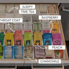 an open drawer with teas and other items labeled in the words sleep time, throatcoat coat, raspberry, peach, chamolie