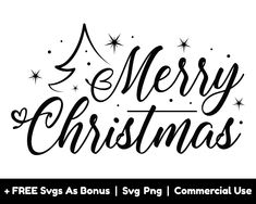 merry christmas lettering with stars and snowflakes on the top, in black ink