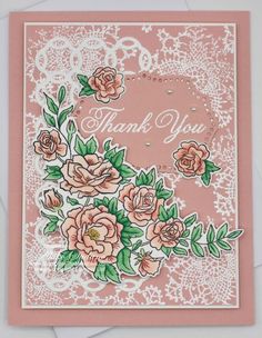 a thank card with pink roses on it and the words thank you written in white