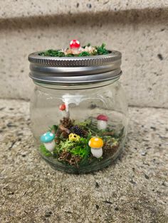 a glass jar filled with miniature mushrooms and plants on top of a stone countertop