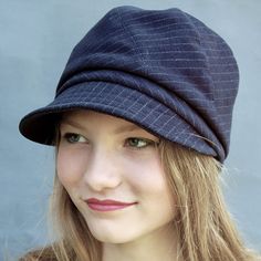 Lightweight cotton pinstripe newsboy cap, suitable for men or women, made of exquisite Italian velvet gaberdine.  This Newsboy cap has slightly more volume and a wider brim than my ZUTjean style making it good for tucking in long hair. The most striking feature is the swirled crown pattern, please use the zoom feature to get a better look.  Cool, lightweight and stylish, the perfect thing for travelling or to keep in your bag- just in case.  The crown seams are top stitched for structure and sha Csm Fashion, Rain Hats, Hat French, Designer Caps, Crown Pattern, Handmade Hats, Rain Hat, Unique Hats, French Fabric