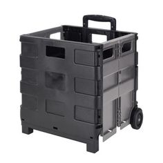 a black plastic container with wheels on a white background