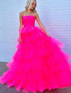 Fluffy Prom Dresses, Prom Dress Outfits, Hot Pink Prom Dresses, Tulle Prom Dress Long, Hot Pink Prom, Organza Dresses, Hot Pink Prom Dress, Strapless Ball Gown, One Shoulder Dress Long