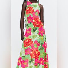 Nwt Size S Zara A-line Maxi Dress For Vacation, Zara Green Floral Print Maxi Dress, Green Floral Print Maxi Sleeveless Dress, Spring Floral Print Long Sleeveless Dress, Green Midi Length Sleeveless Dress With Floral Print, Zara Sleeveless Floral Print Maxi Dress, Zara Sleeveless Floral Maxi Dress, Zara Floral Print Midi Dress For Casual Wear, Zara Midi Dress For Garden Party