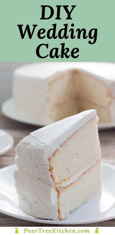 a piece of cake on a plate with the words diy wedding cake in front of it