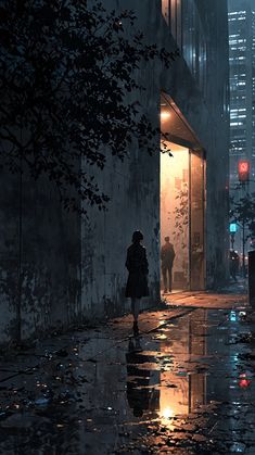 a woman walking down a rain soaked street at night