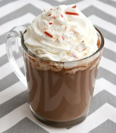 a hot chocolate drink with whipped cream and candy canes