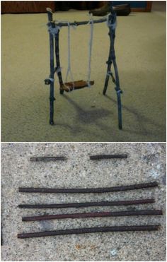 an old fashioned swing set is sitting on the floor