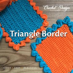 two crocheted squares with the words triangle border on top and bottom, in orange and blue