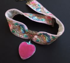 Rococo Choker, Boho Wedding, Embroidered Floral, Silk Velvet Heart, Very Limited Edition, Hot Pink, Blue, Ribbon Choker, Non Traditional - Etsy Leo Fashion, Embroidered Jewellery, Fiber Art Jewelry, Ribbon Choker, Ribbon Jewelry, Diy Necklaces, Velvet Heart, Boho Choker, Queer Fashion