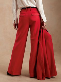 From boardroom to cocktail bar, this wide-leg trouser will have you feeling confident with an exquisitely tailored fit and a not-too-wide leg.  Crafted from a timeless all-season wool fabric from Italian mill Marzotto.  WIDE LEG FIT: High-waisted.  F Elegant Pants Suits, Elegant Pants, What Women Want, Red Sunset, Wide Leg Pant, Wool Pants, Style And Grace, Red Wool, Casual Work