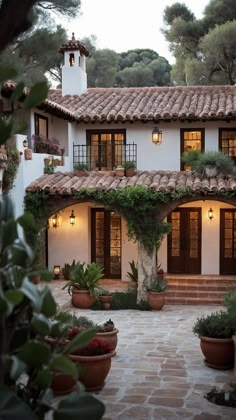 a house with potted plants in front of it and lights on the side of the building