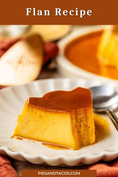 a piece of cheesecake on a white plate with caramel sauce in the background