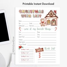 printable instant christmas wish list with santa's sleigh and gingerbread house