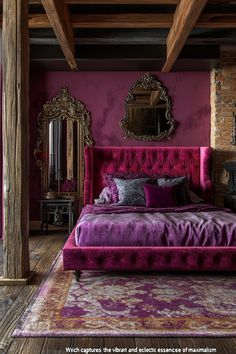 a bedroom with pink walls and purple bedding, mirror on the wall above it