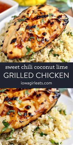 grilled chicken and rice on a white plate