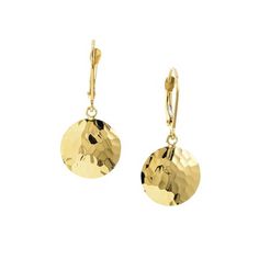 14K Yellow Gold 14mm Hammered Disc Lever-Back Earrings - Women. A classic piece of jewelry that will never go out of style, these lever-back earrings are perfect for special occasions or for everyday wear. Versatile, they can be worn with a wide variety of outfits and add a touch of elegance and glamour to any look. Their unique appearance will diversify your jewelry collection and set you apart from the crowd. A lever backing gives this earring a secure fit. Size: one size.  Gender: female.  Ag Classic Polished Dangle Earrings, Formal 14k Gold Round Earrings, 14k Gold Round Earrings Fine Jewelry, Round 14k Gold Fine Jewelry Earrings, Fine Jewelry Yellow Gold Earrings With Polished Finish, 14k Gold Round Fine Jewelry Earrings, 14k Gold Round Earrings, Timeless Yellow Gold Earrings With Polished Finish, Anniversary Hammered Yellow Gold Earrings