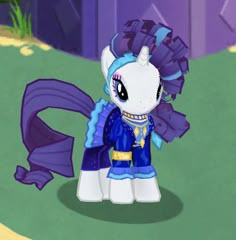 the pony is dressed in blue and purple