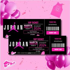 two tickets with pink and black balloons in the air next to each other on a pink background