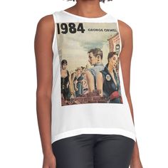 Women's sleeveless tank with vivid edge-to-edge sublimation print on front. Spliced materials for comfort. Front panel made from silky chiffon and solid color black or white jersey back. Sizes available XS- 2XL. Original book cover design from 1948/1984 Fitted Sleeveless Vest With Graphic Print, Retro Black Tank Top, Black Retro Sleeveless Tank Top, Summer Sublimation Print Sleeveless Tank Top, Sleeveless Sublimation Print Tank Top For Summer, Summer Sleeveless Tank Top With Sublimation Print, Sleeveless Tops With Sublimation Print For Summer, Sleeveless Cotton Top With Sublimation Print, Retro Graphic Print Sleeveless Tank Top