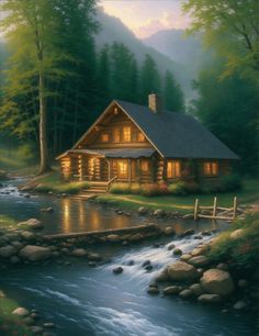 a painting of a cabin in the woods by a stream with lights on and water running through it