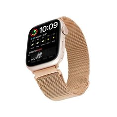 an apple watch with a gold mesh band on it's wrist, against a white background