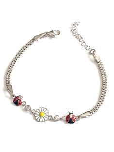 Sterling Silver Ladybug Bracelet-Daisy Flower Bracelet-Elegant Handmade Bracelet-Special Bracelet-Popular Bracelet-Luck Bracelet-Love Bracelet-Women's Bracelet-Enameled Bracelet-İnitial  Bracelet-Gift for Him-Birthday Gift-Gift for Mother-Gift-New Year's Gift - New Year Gift-Bridesmaid Gift-Anniversary Gift-Graduation Gift- Our product is carefully produced from 925 Sterling Silver. Enamel Application is Made on Daisy and Ladybug Figures. There are 2 rows of chains in our bracelet, and unlike similar ones, Cube Chain is used. -Our bracelet is completely handmade: It is produced in my workshop in Istanbul Grand Bazaar. -The length of our bracelet is adjustable; It has a 16 cm (6.4 in) + 5 cm (2 in) extension ring. Available in all sizes from 6.4 inches to 8.3 inches. *Colour options -Silver Cute Silver Bracelets With Lobster Clasp, Adjustable Bracelet With Flower Charm, Dainty Adjustable Flower-shaped Bracelet, Metal Bracelets With Flower Charm, Metal Bracelet With Flower Charm, Silver Flower Chain Bracelet Gift, Silver Flower Chain Bracelet For Gift, Dainty Flower Shaped Personalized Bracelets, Dainty Flower-shaped Metal Bracelets